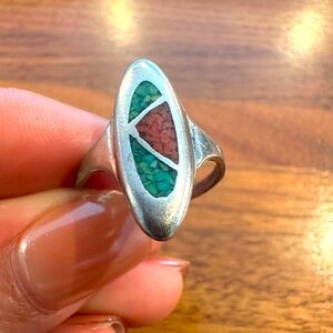 Vintage Crushed Red & Blue Turquoise Mosaic Ring | Size 7.75